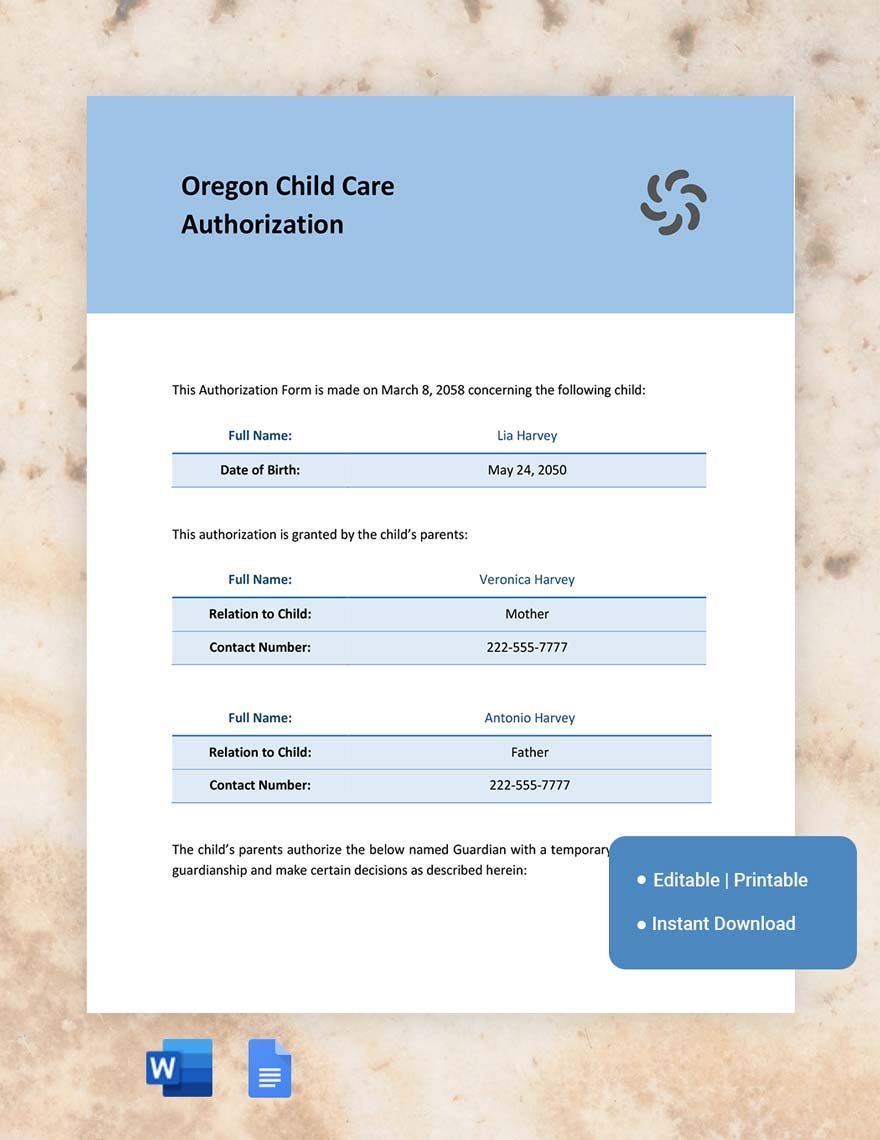 Oregon Child Care Authorization Template in Google Docs, Word - Download | Template.net