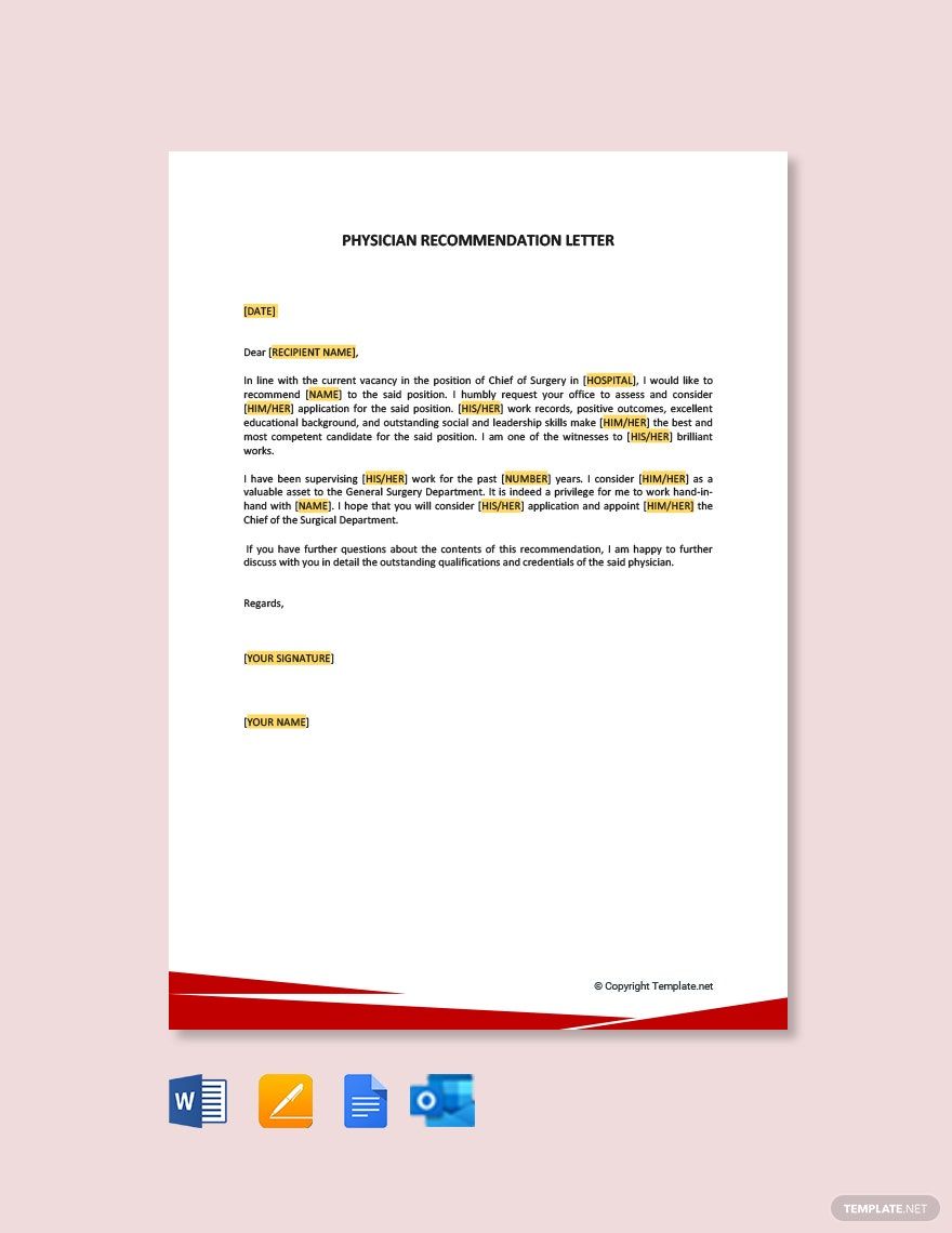 Physician Recommendation Letter in Google Docs, Word, Pages, Outlook, PDF - Download | Template.net