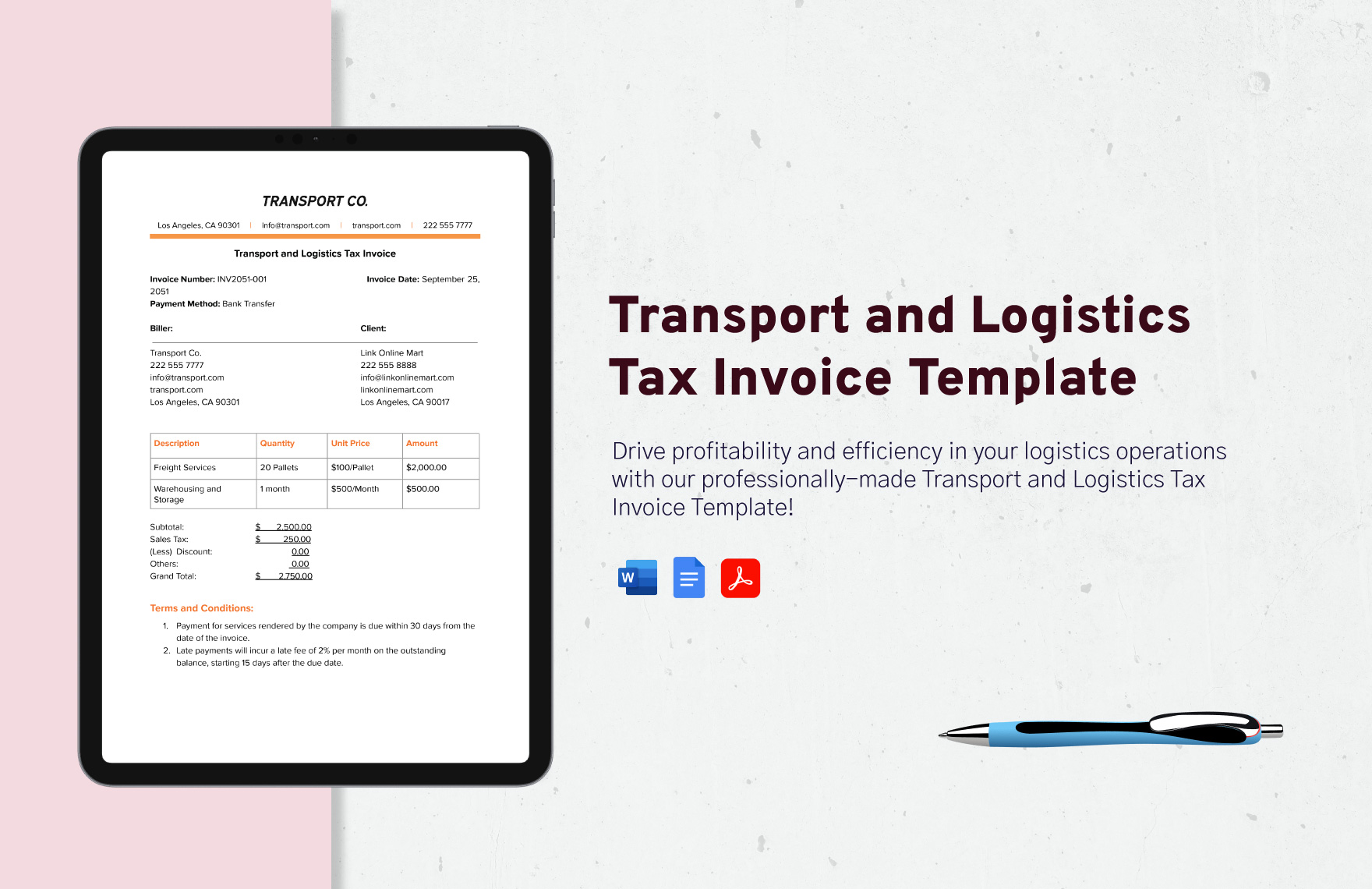 Transport and Logistics Tax Invoice Template