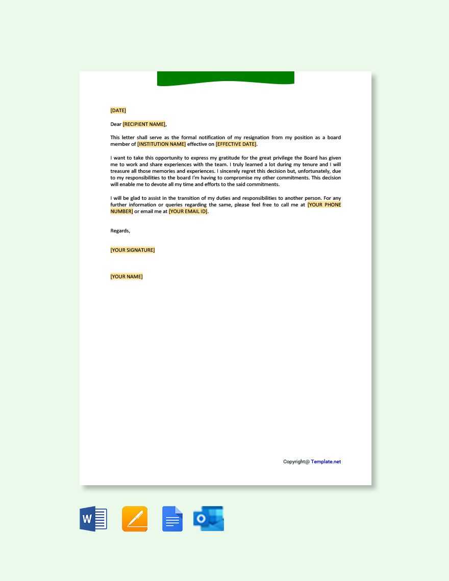 School Board Resignation Letter in Google Docs, Word, Pages, Outlook, PDF - Download | Template.net