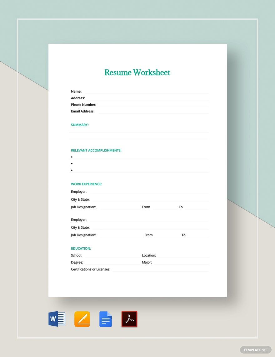 Resume Worksheet Template in Pages, Word, Google Docs, PDF - Download | Template.net