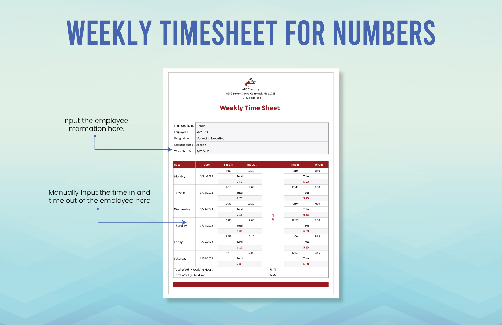 Weekly Timesheet Template For Numbers