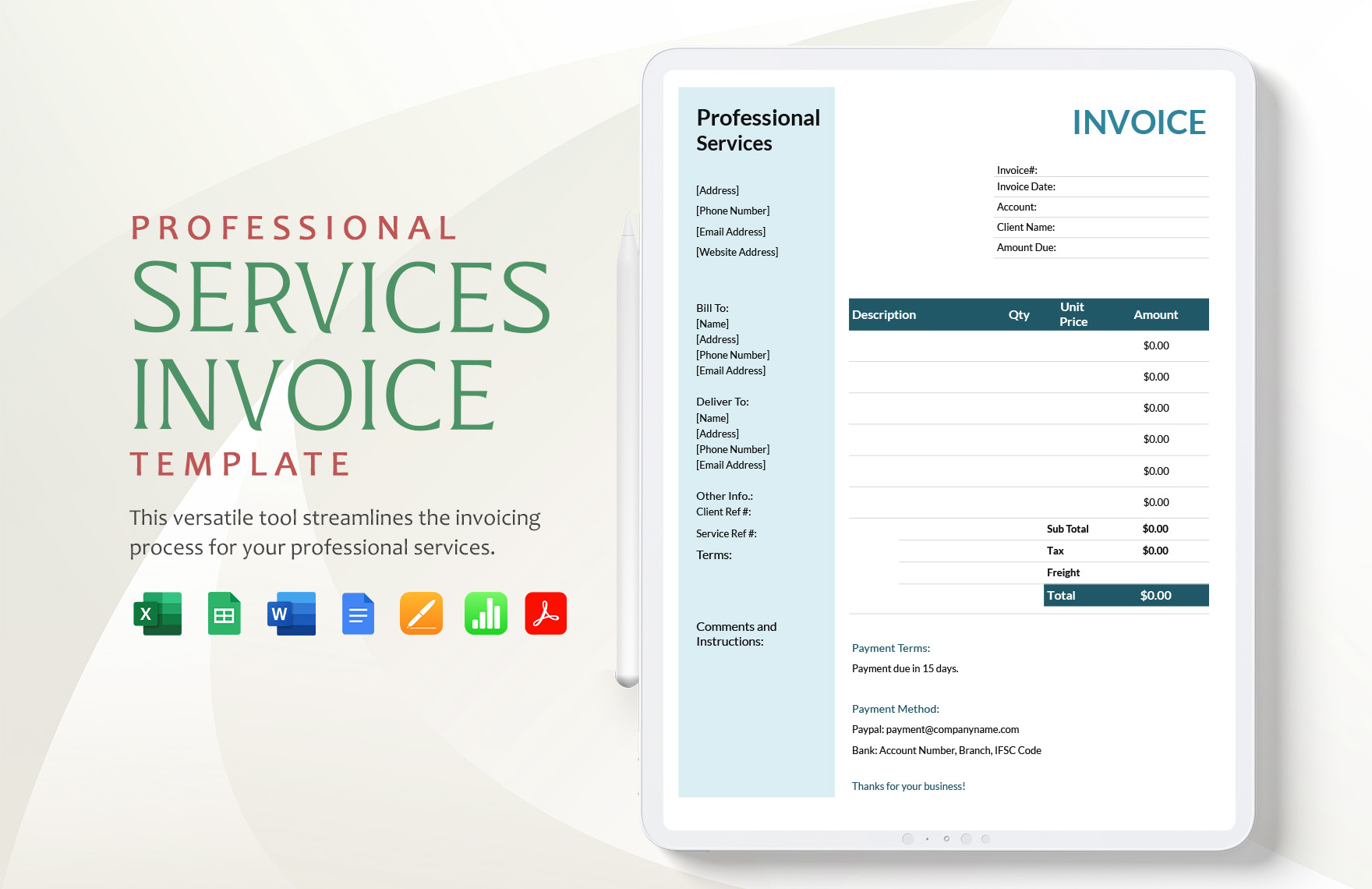 Professional Services Invoice Template in Google Docs, Google Sheets, Apple Numbers, Apple Pages, Word, Excel, PDF - Download | Template.net