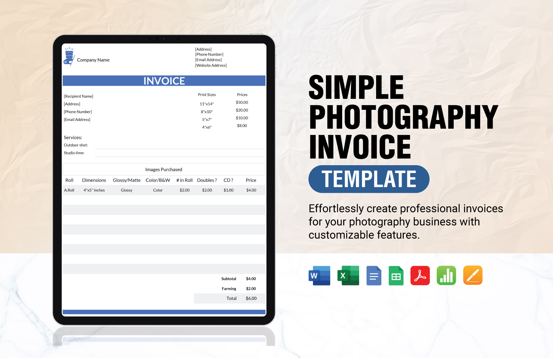 Simple Photography Invoice Template in Google Docs, Google Sheets, Word, Apple Pages, Excel, Apple Numbers, PDF - Download | Template.net