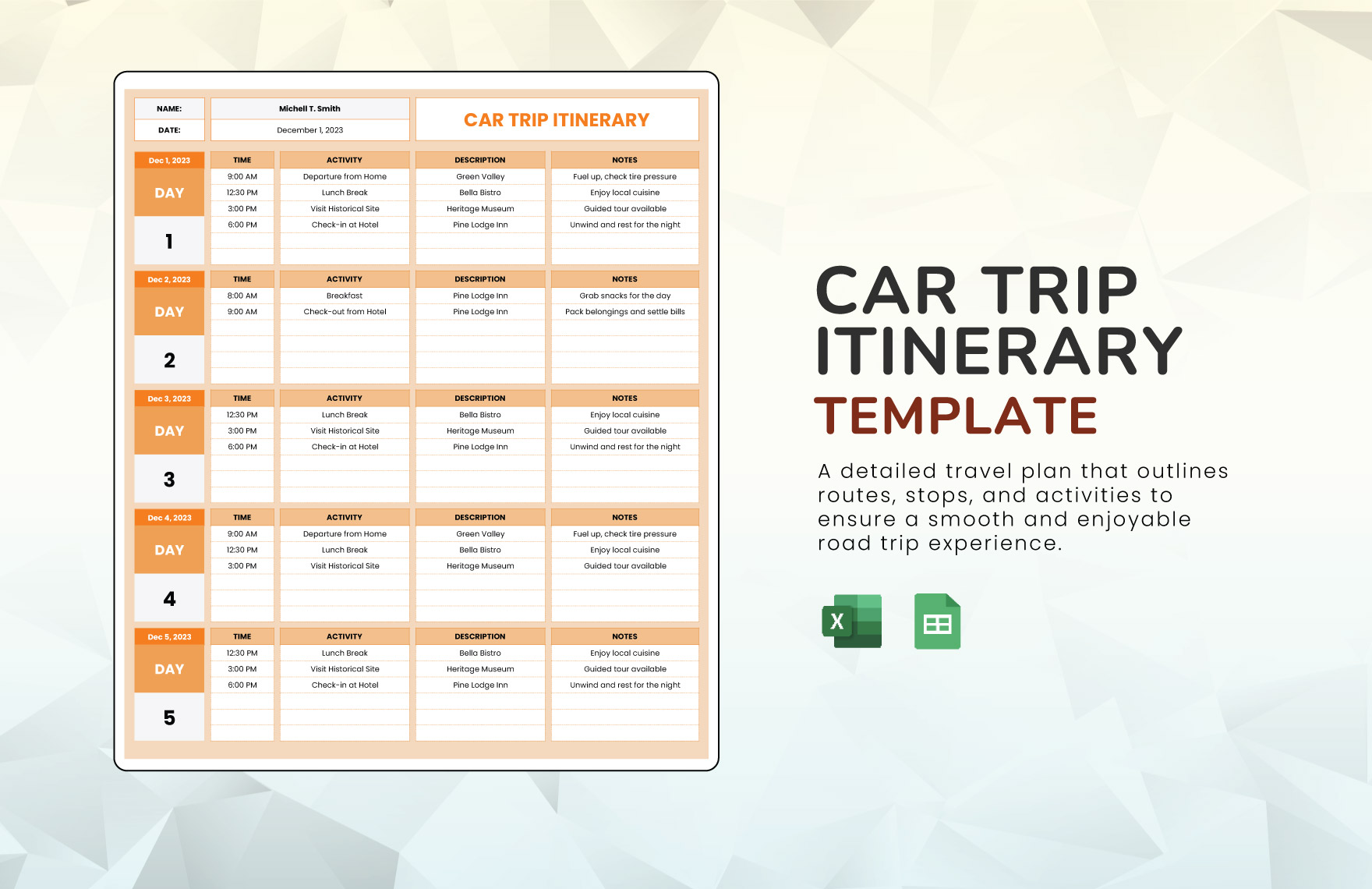Car Trip Itinerary Template