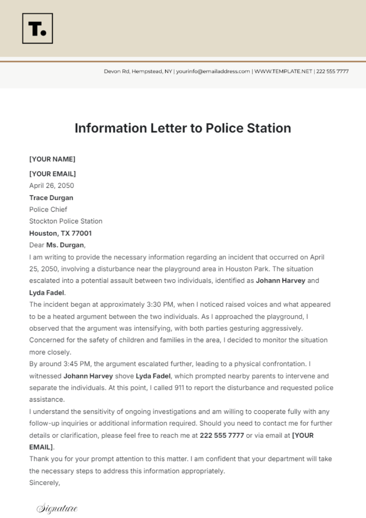 Free Information Letter to Police Station  Template to Edit Online