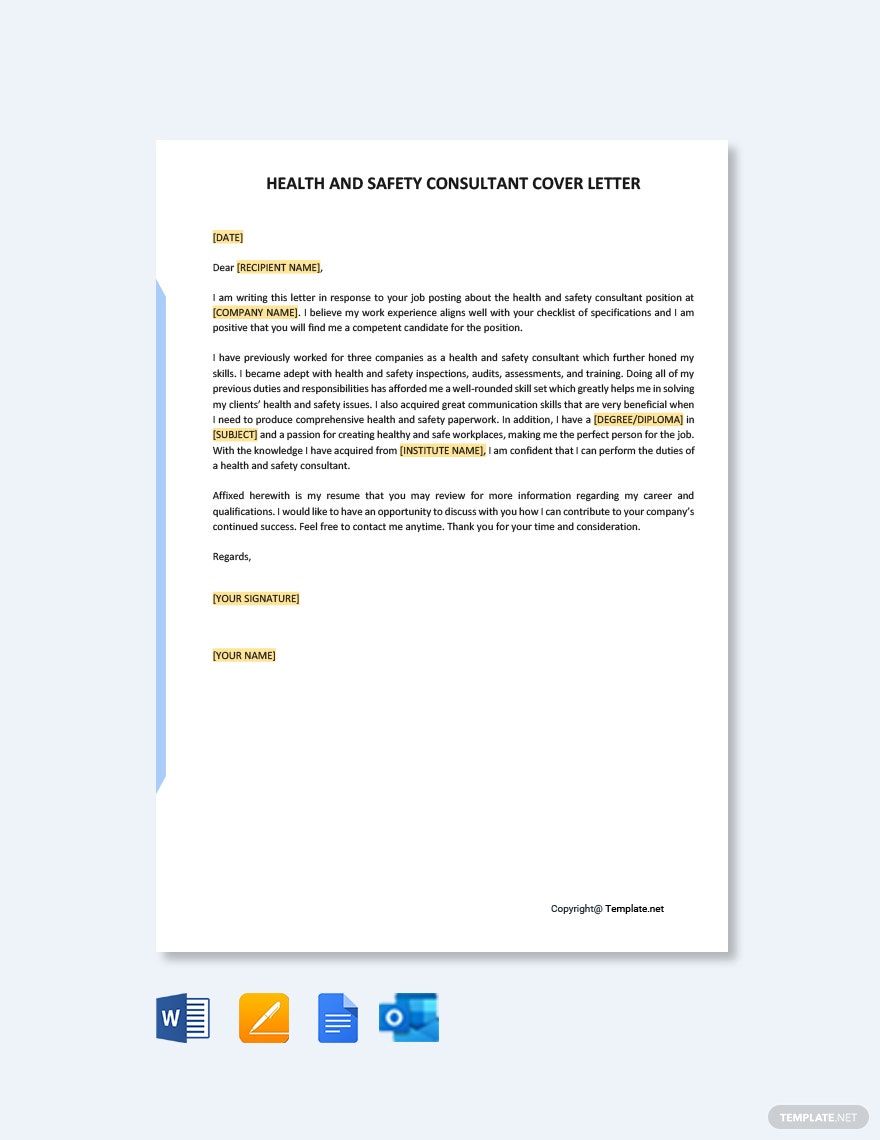 Health And Safety Consultant Cover Letter Template in Google Docs, Word, Pages, Outlook, PDF - Download | Template.net