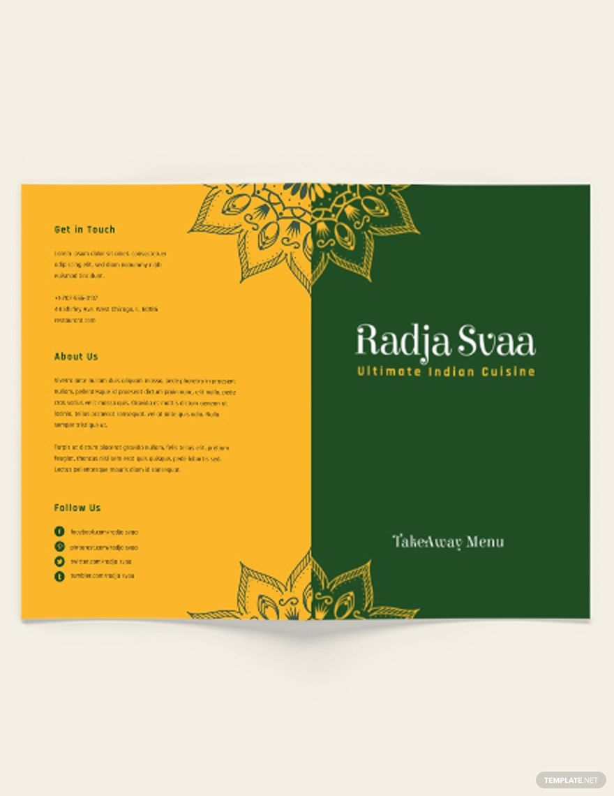 Indian Restaurant Take-out Bi-Fold Brochure Template in Illustrator, Word, Publisher, Pages, Google Docs - Download | Template.net