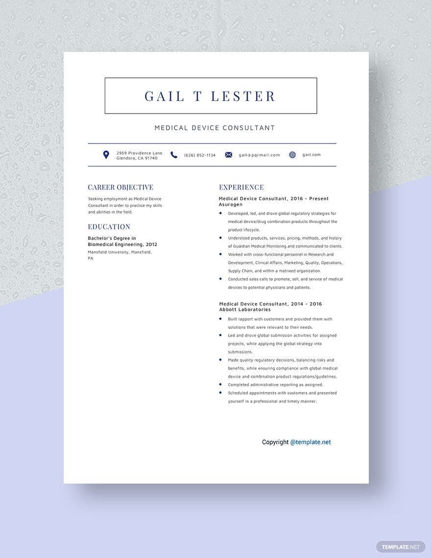 Medical Device Consultant Resume