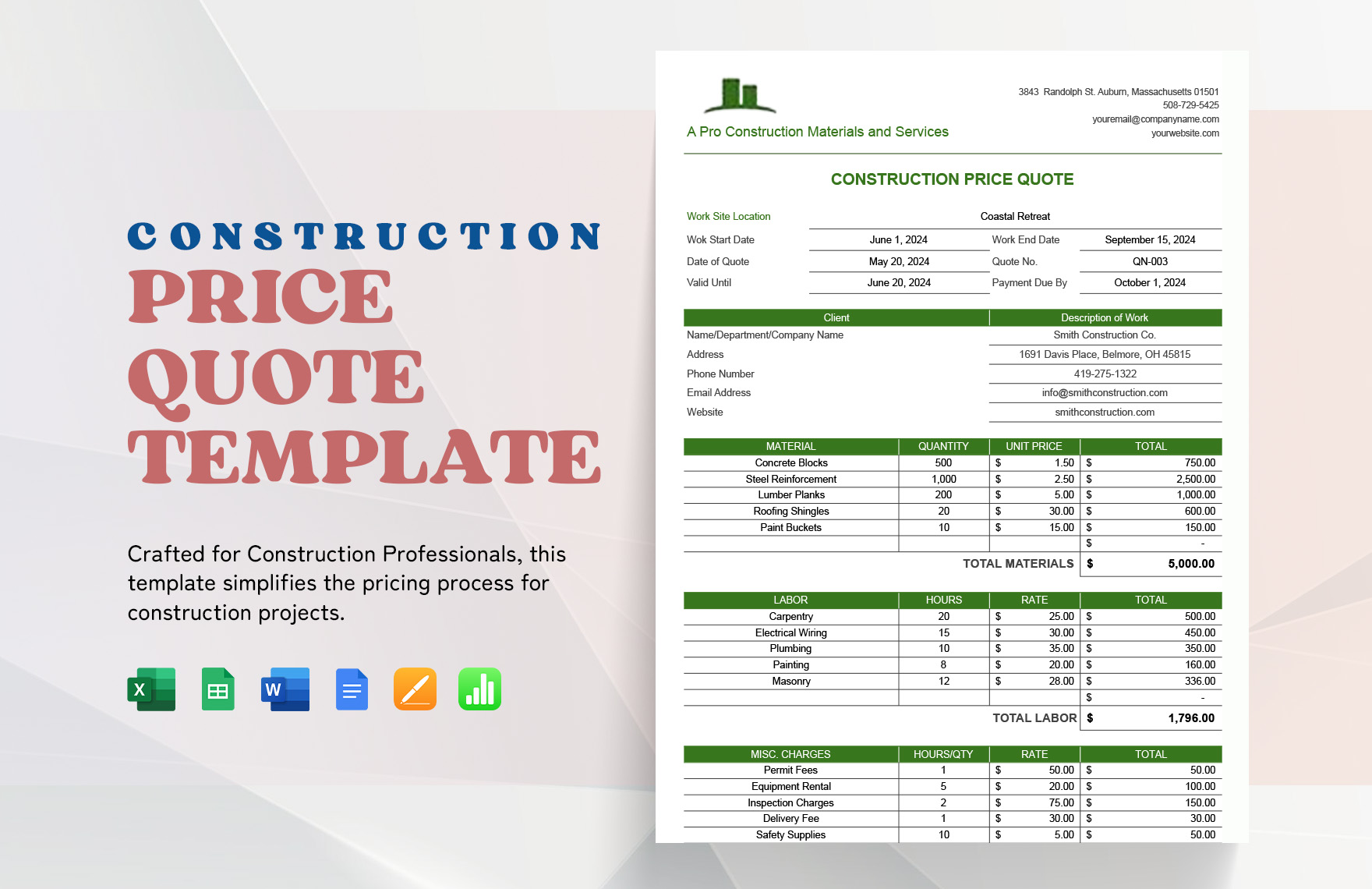 Construction Price Quote Template in Pages, Apple Numbers, Word, Google Docs, Excel, Google Sheets - Download | Template.net
