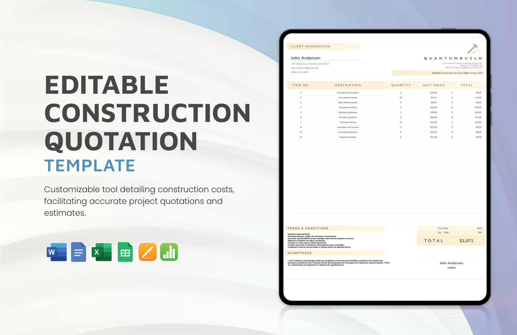 Editable Construction Quotation Template in Google Docs, Word, Apple Numbers, Pages, Excel, Google Sheets - Download | Template.net