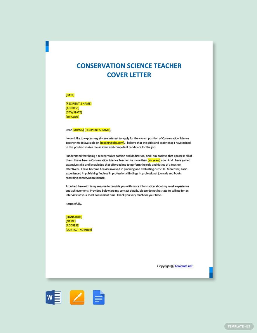 Conservation Science Teacher Cover letter in Word, Google Docs, Pages, PDF - Download | Template.net