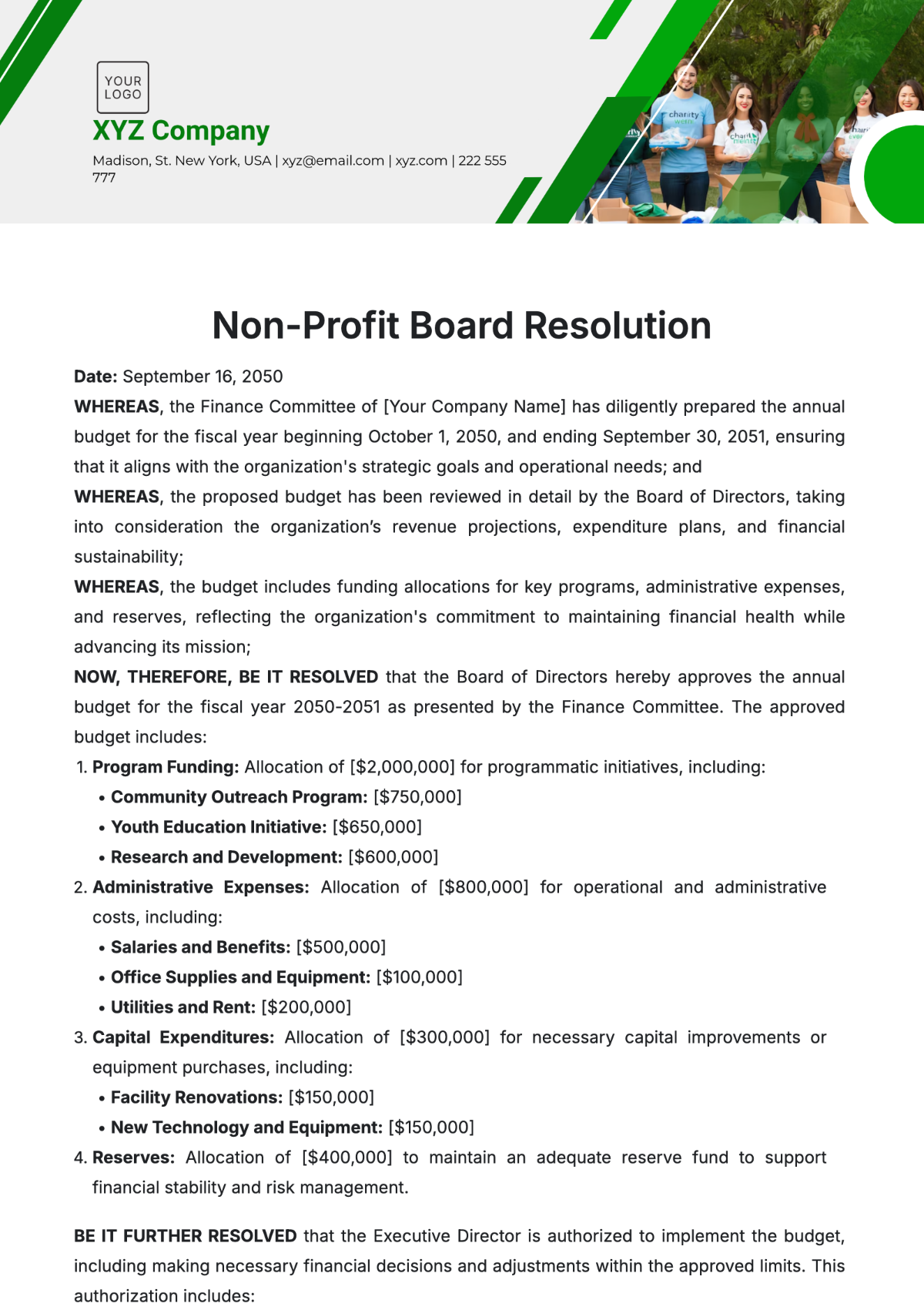 Free Non-Profit Board Resolution Template to Edit Online