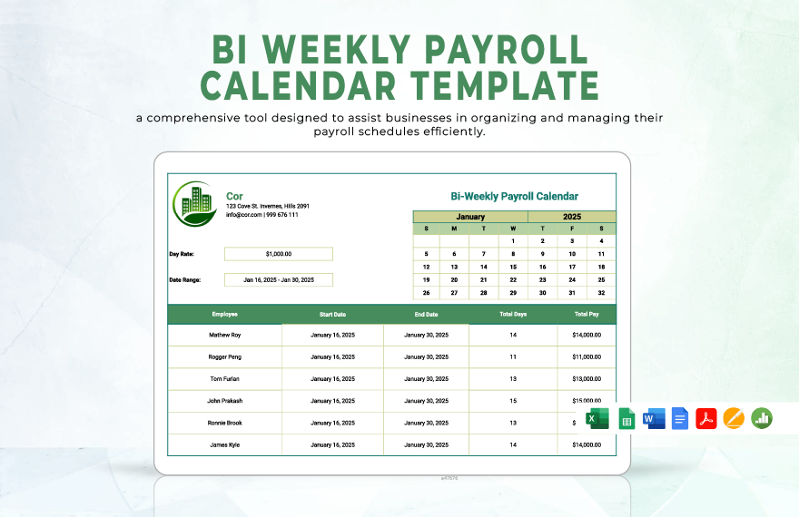 Bi-Weekly Payroll Calendar Template in Google Docs, PDF, Word, Apple Pages, Excel, Google Sheets, Apple Numbers to Download