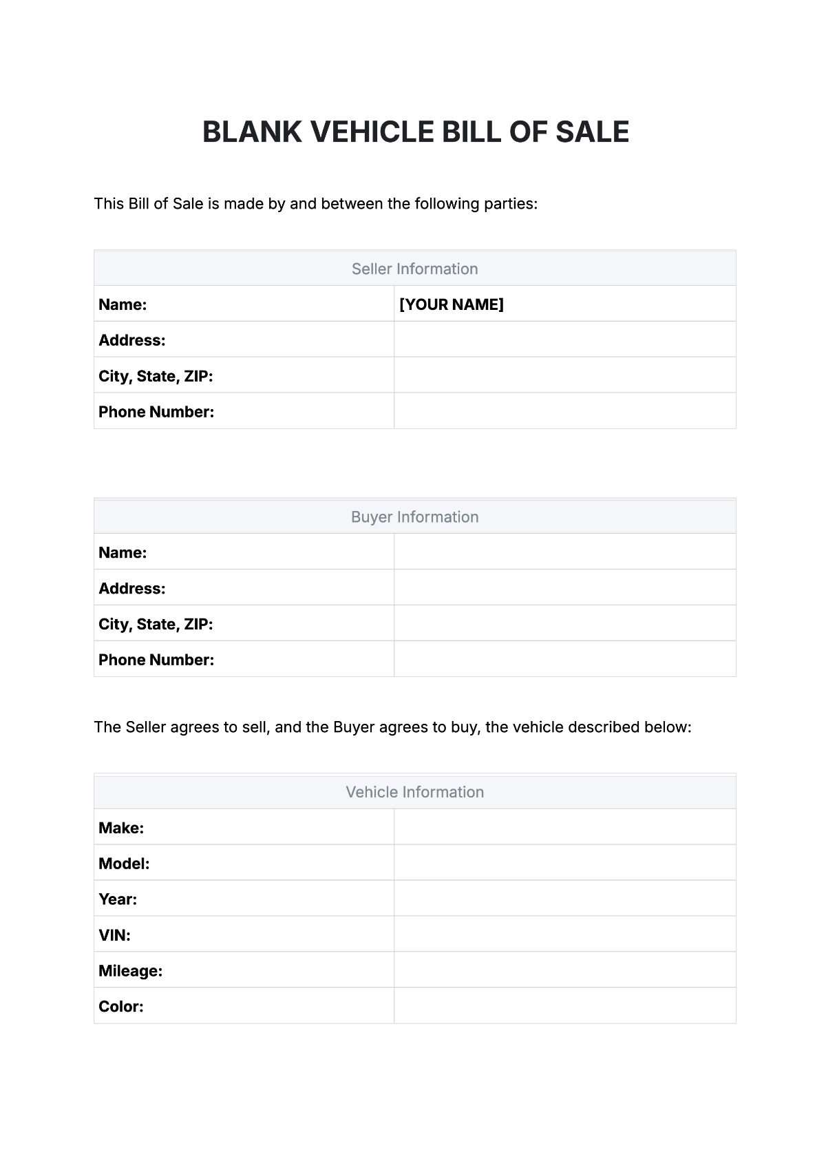 Free Blank Vehicle Bill of Sale Template