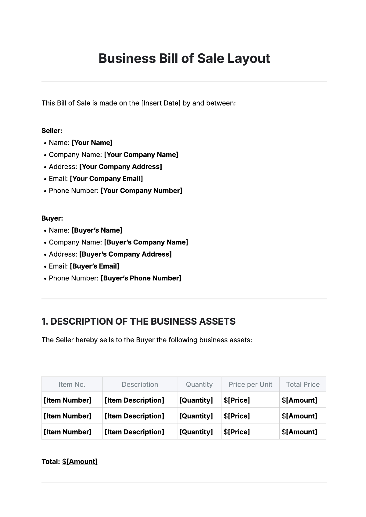 Free Business Bill of Sale Layout Template