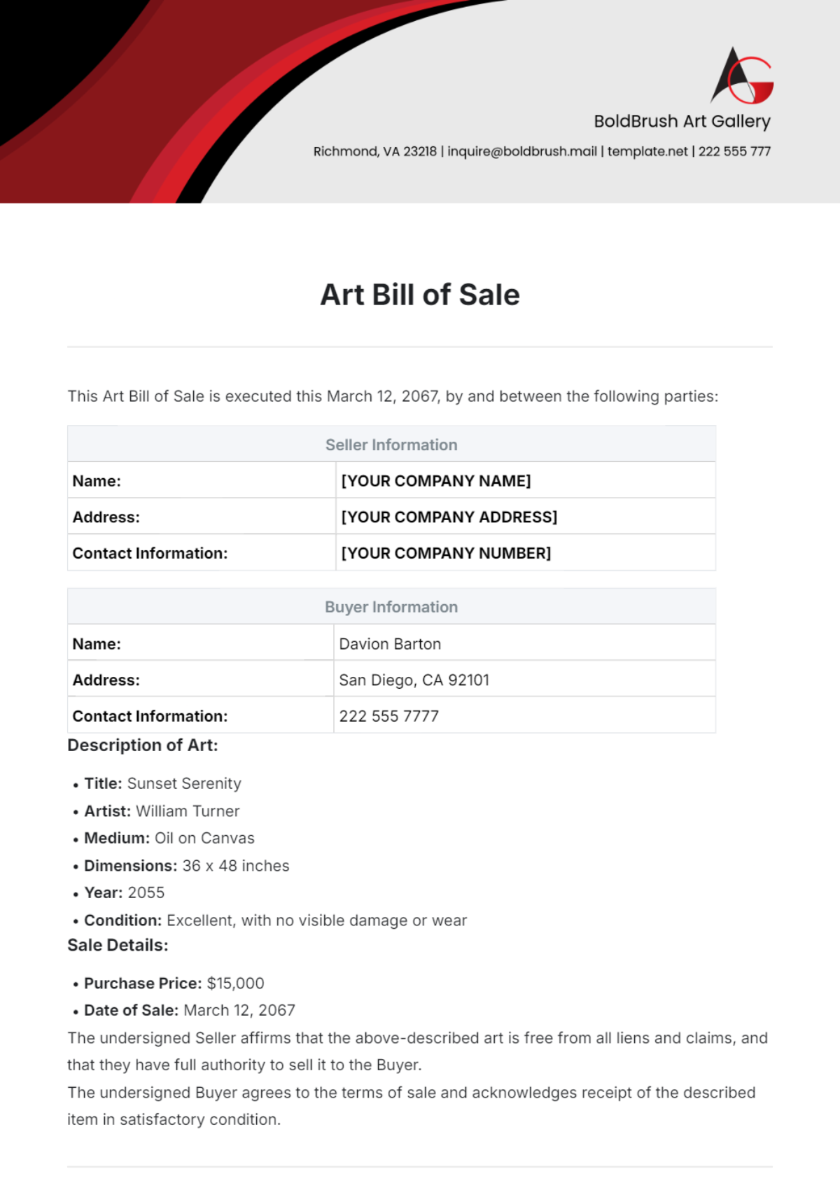 Free Art Bill of Sale Template