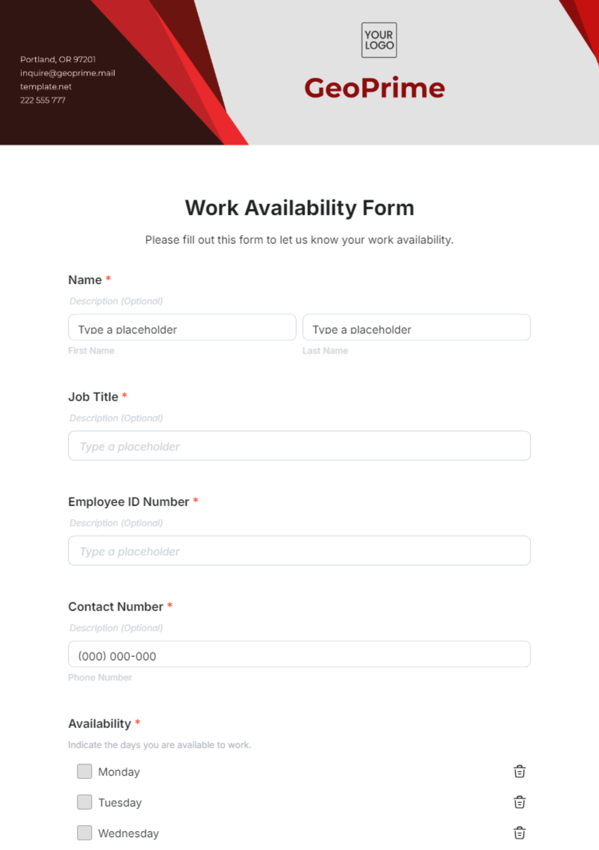 Free Work Availability Form Template to Edit Online