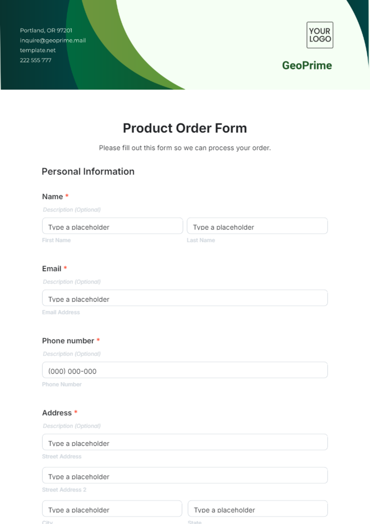 Free Product Order Form Template