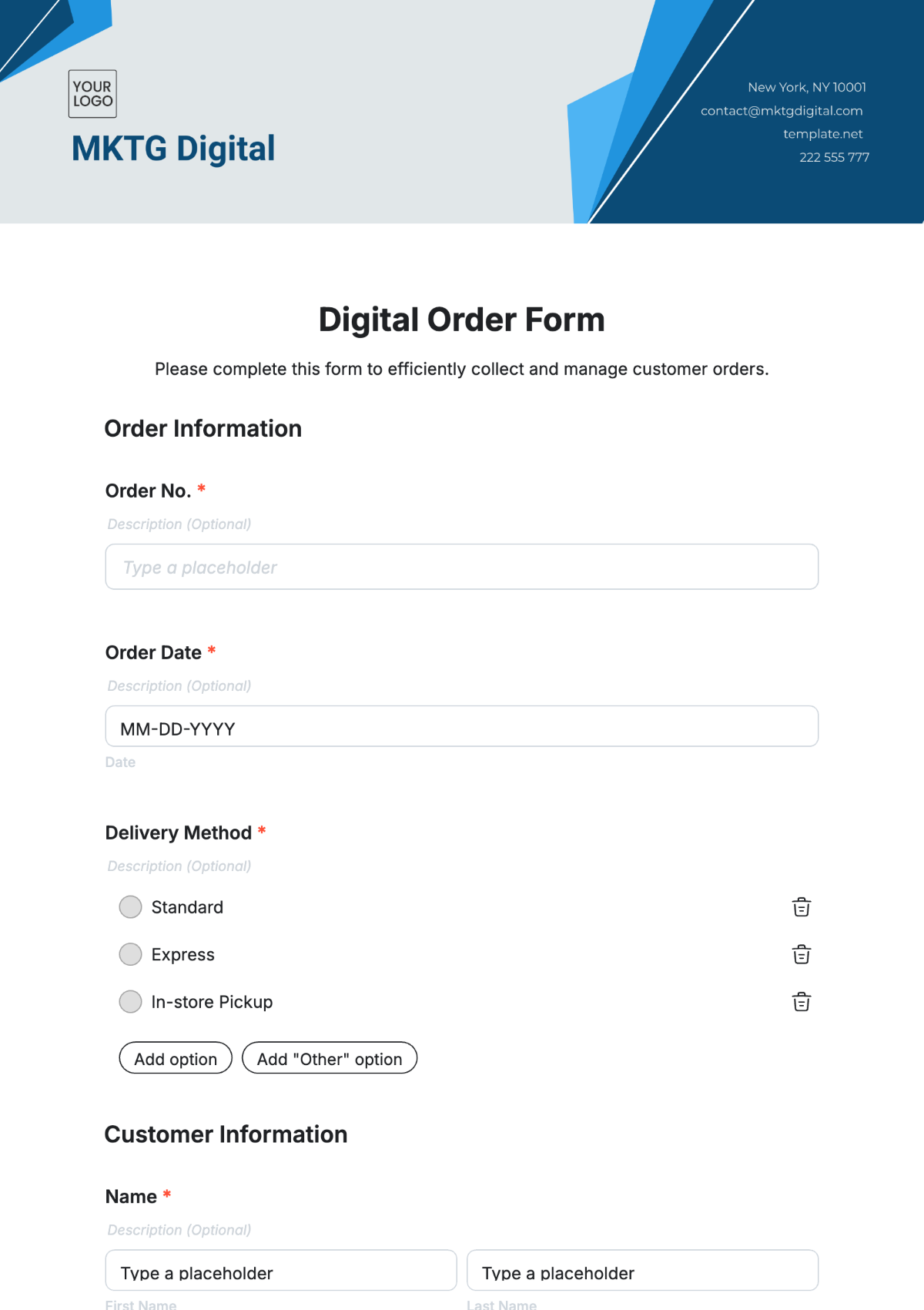 Free Digital Order Form Template