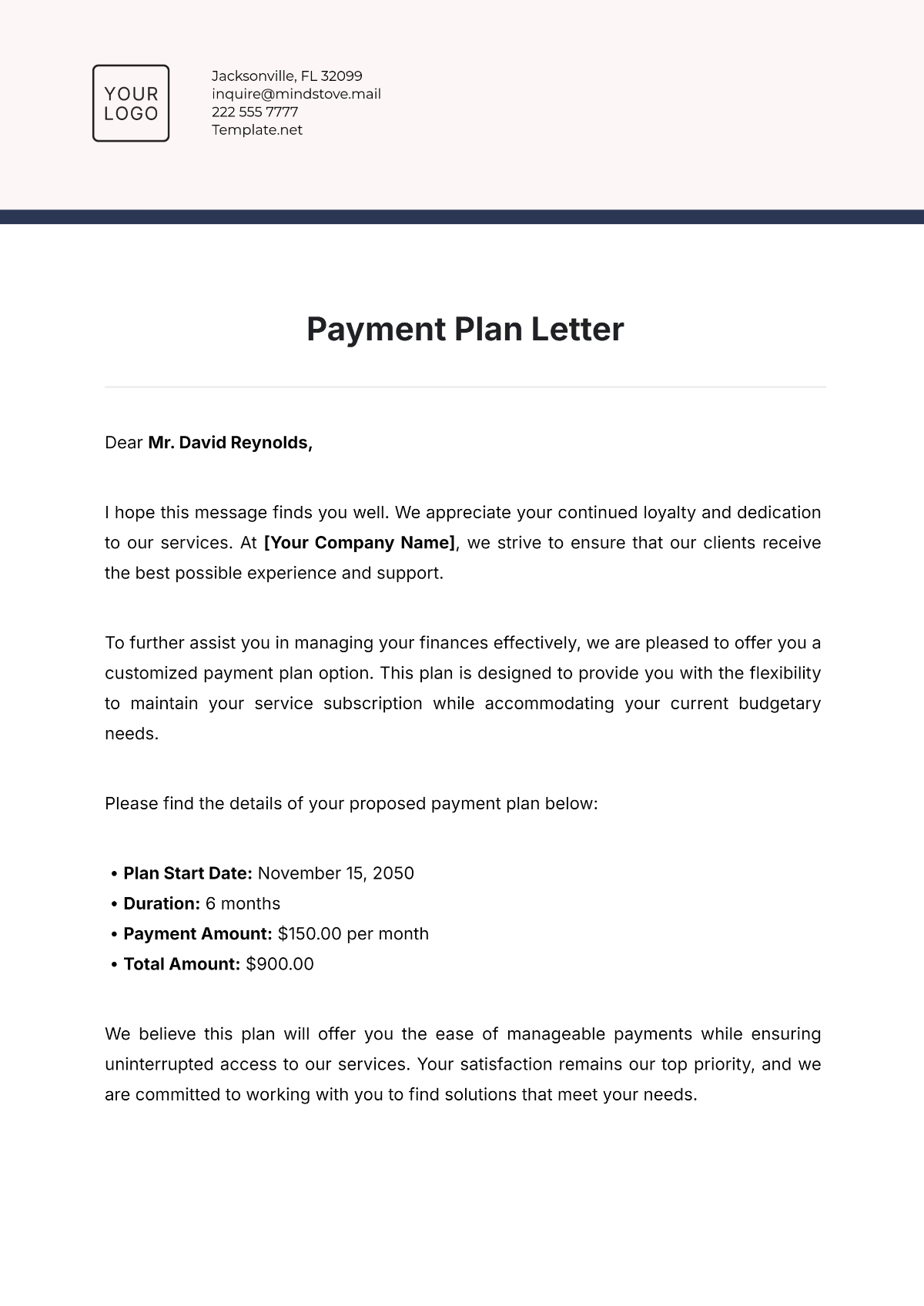Free Payment Plan Letter Template