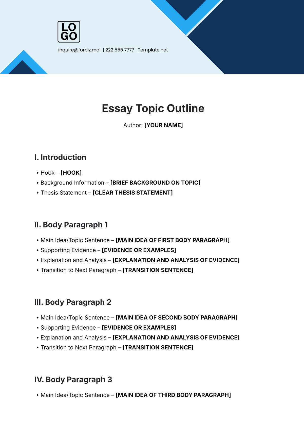 Free Essay Topic Outline Template to Edit Online