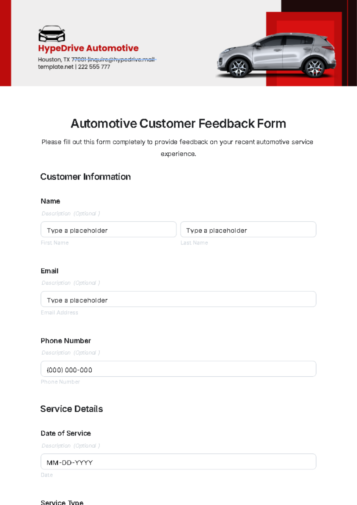 Free Automotive Customer Feedback Form Template