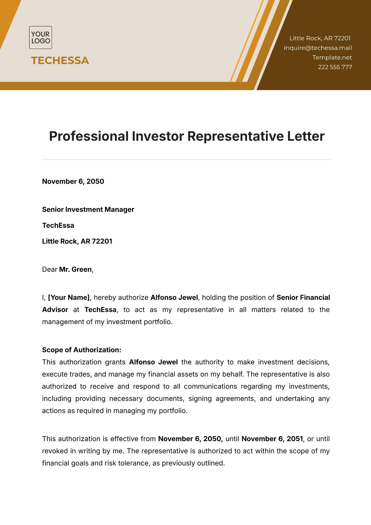 Free Professional Investor Representative Letter Template to Edit Online