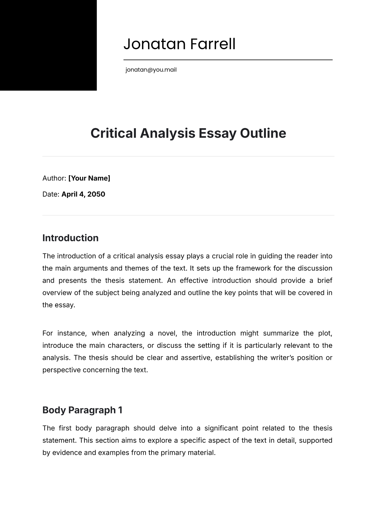 Free Critical Analysis Essay Outline Template to Edit Online