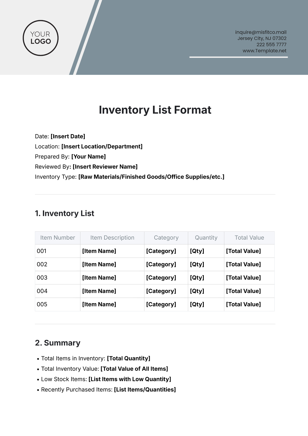 Free Inventory List Format Template