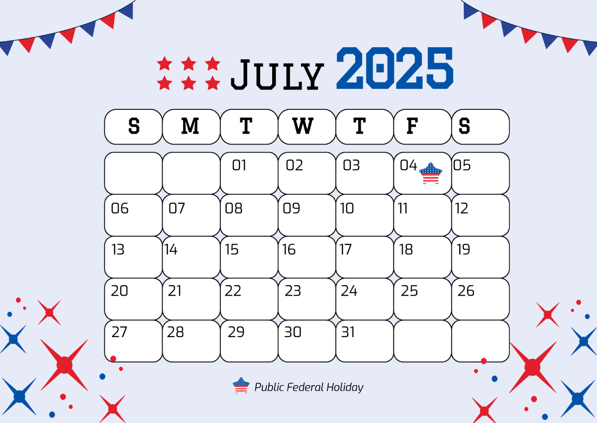 Free July 2025 Calendar with Federal Holidays Template to Edit Online