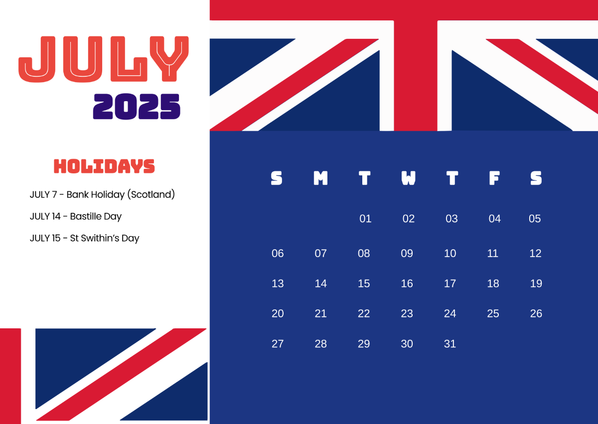 Free July 2025 with UK Holiday Template to Edit Online
