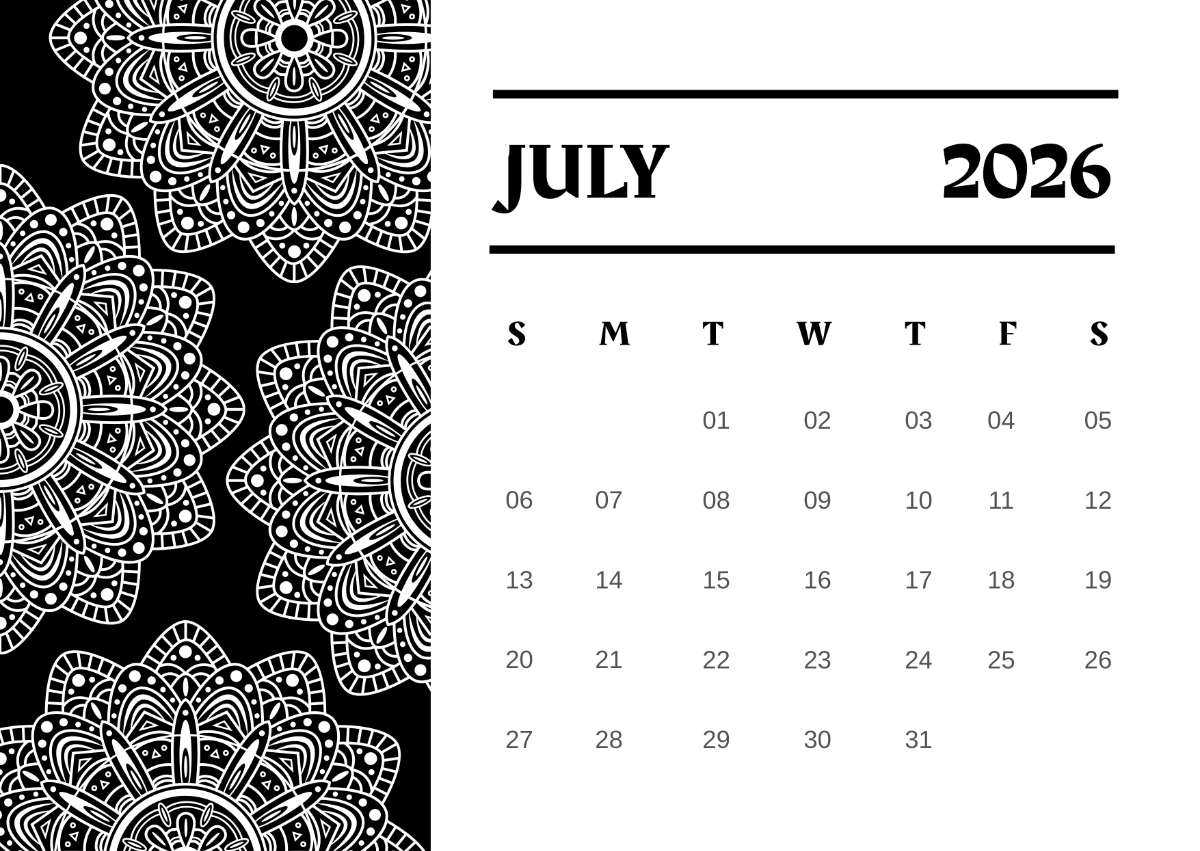 Free Black and White July 2026 Calendar Template to Edit Online