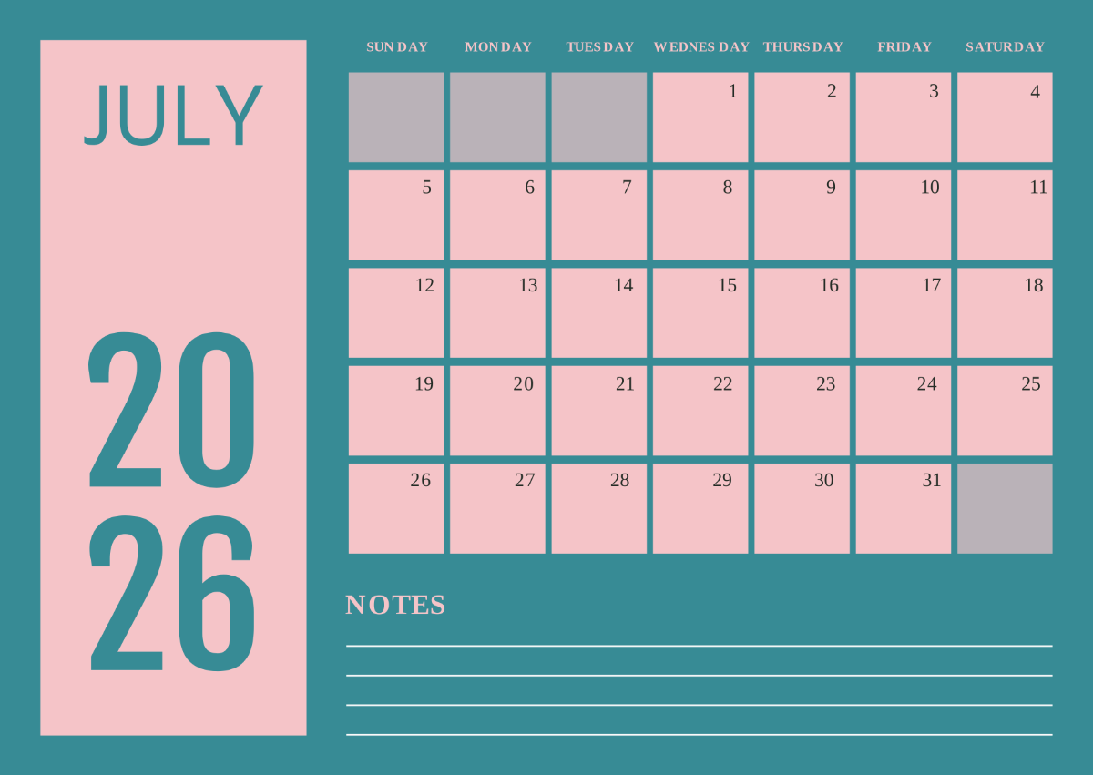 Free Editable July 2026 Calendar Template to Edit Online