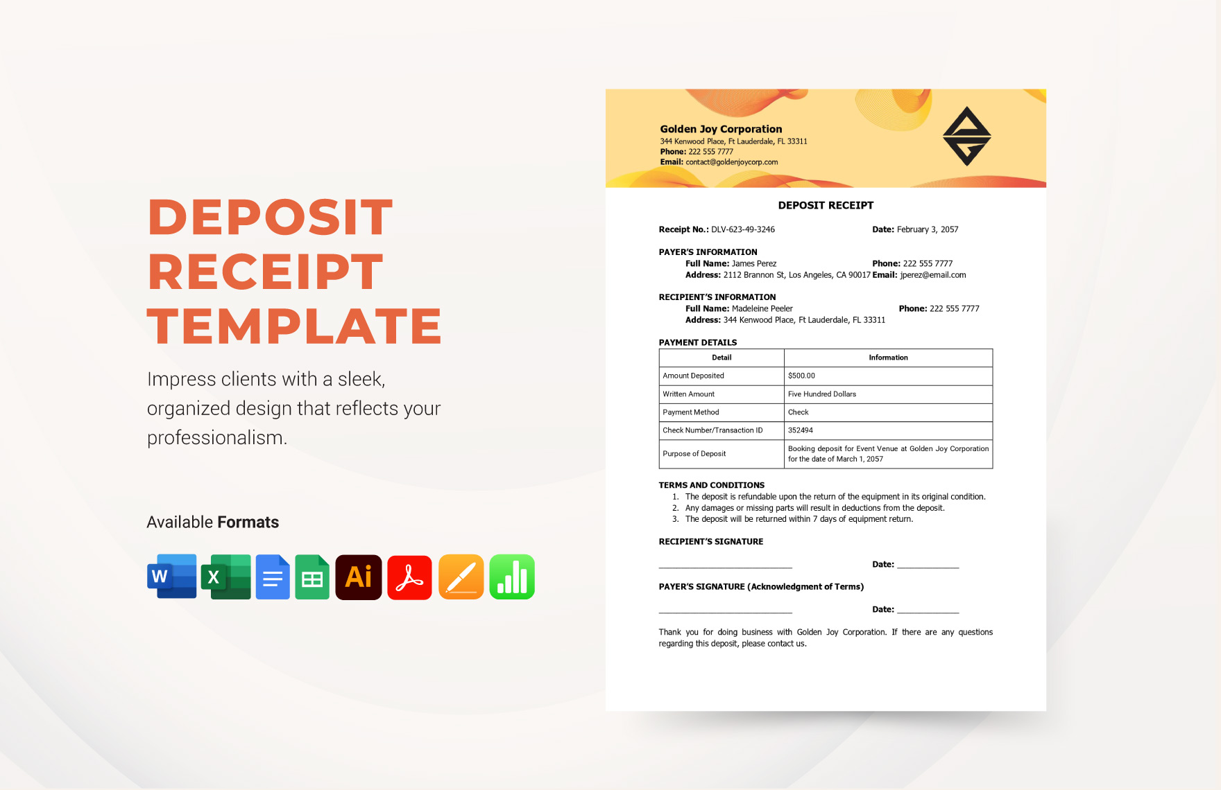 Deposit Receipt Template in Apple Numbers, Apple Pages, Excel, Google Sheets, Word, PDF, Google Docs, PSD - Download | Template.net